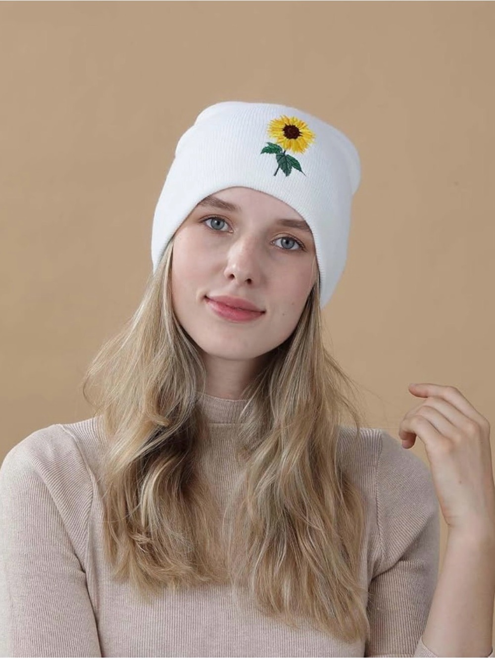 White Sunflower Knit Beanie - Women's Hat - Picture 3 of 7
